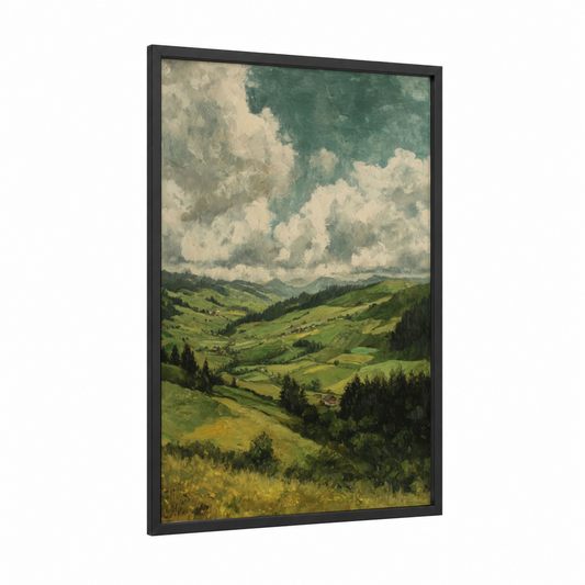 Alpine Meadows framed alps print — black wood frame — green and teal palette