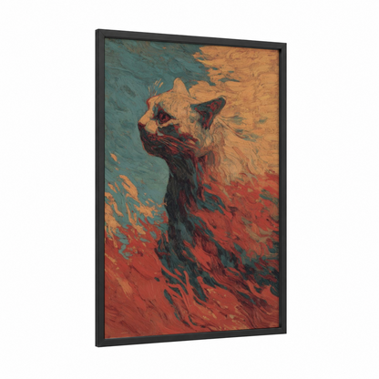 Fiery Sphinx framed art print — black wood frame — teal and red palette