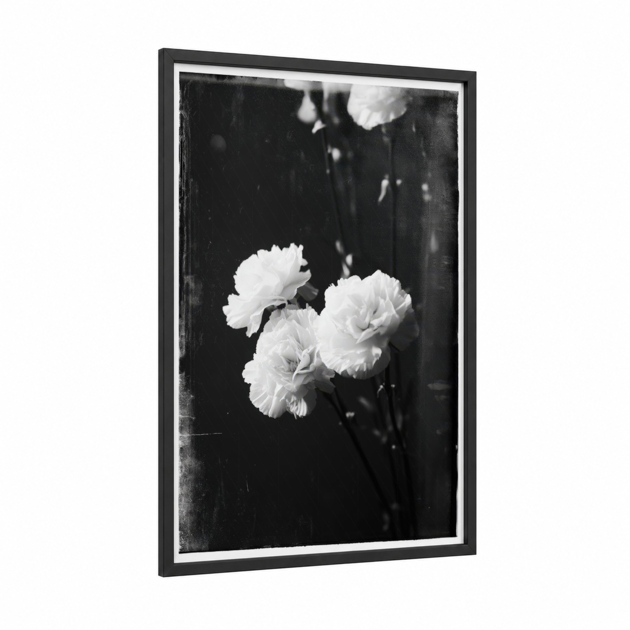 Vintage Carnations framed art print — black wood frame — black and white palette