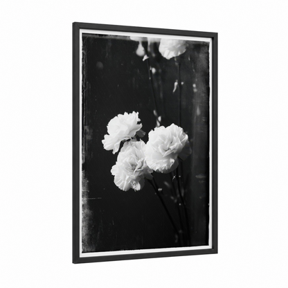 Vintage Carnations framed art print — black wood frame — black and white palette