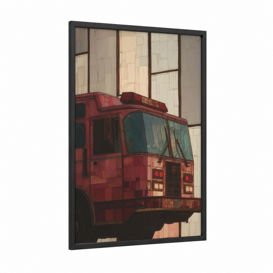 Urban Fire Engine framed art print — black wood frame — red and beige palette