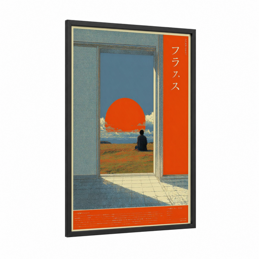 Solitary Sunset framed japanese y2k print — black wood frame — orange and blue palette
