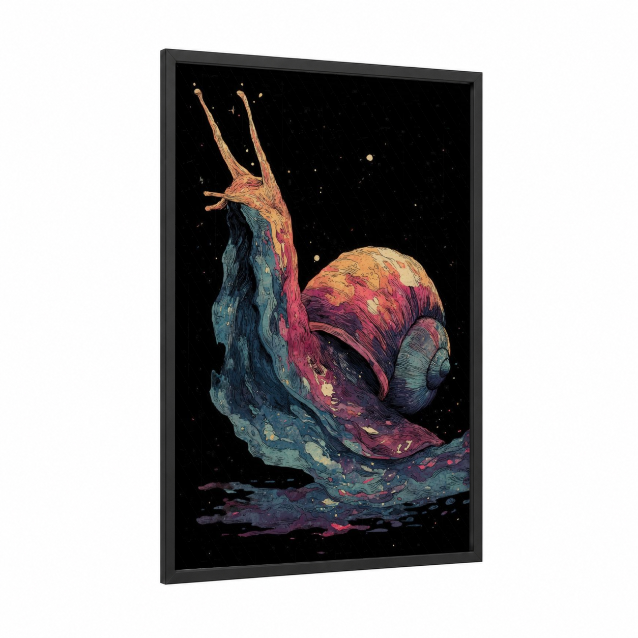 Cosmic Snail framed art print — black wood frame — magenta and teal palette