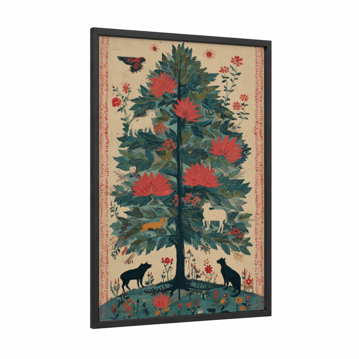 Cypress Garden framed cypress tree print — black wood frame — red and dark green palette