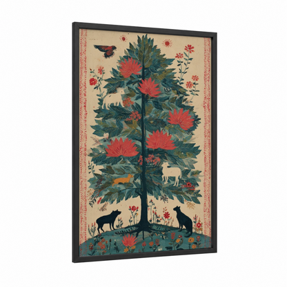Cypress Garden framed cypress tree print — black wood frame — red and dark green palette