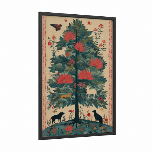 Cypress Garden framed cypress tree print — black wood frame — red and dark green palette