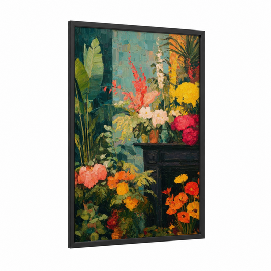 Vibrant Fireplace Garden framed art print — black wood frame — teal and gold palette