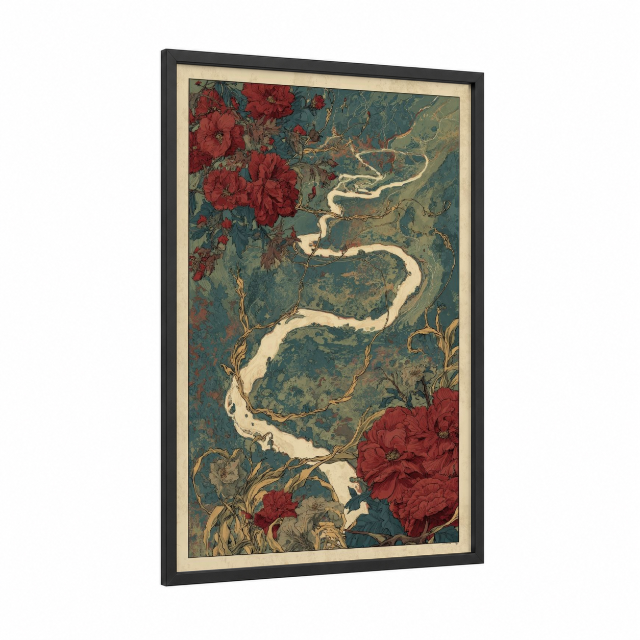 Winding River Road framed road and highways print — black wood frame — teal and red palette