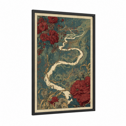 Winding River Road framed road and highways print — black wood frame — teal and red palette