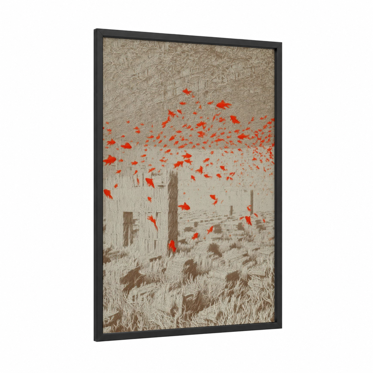 Flying Goldfish framed art print — black wood frame — red and beige palette