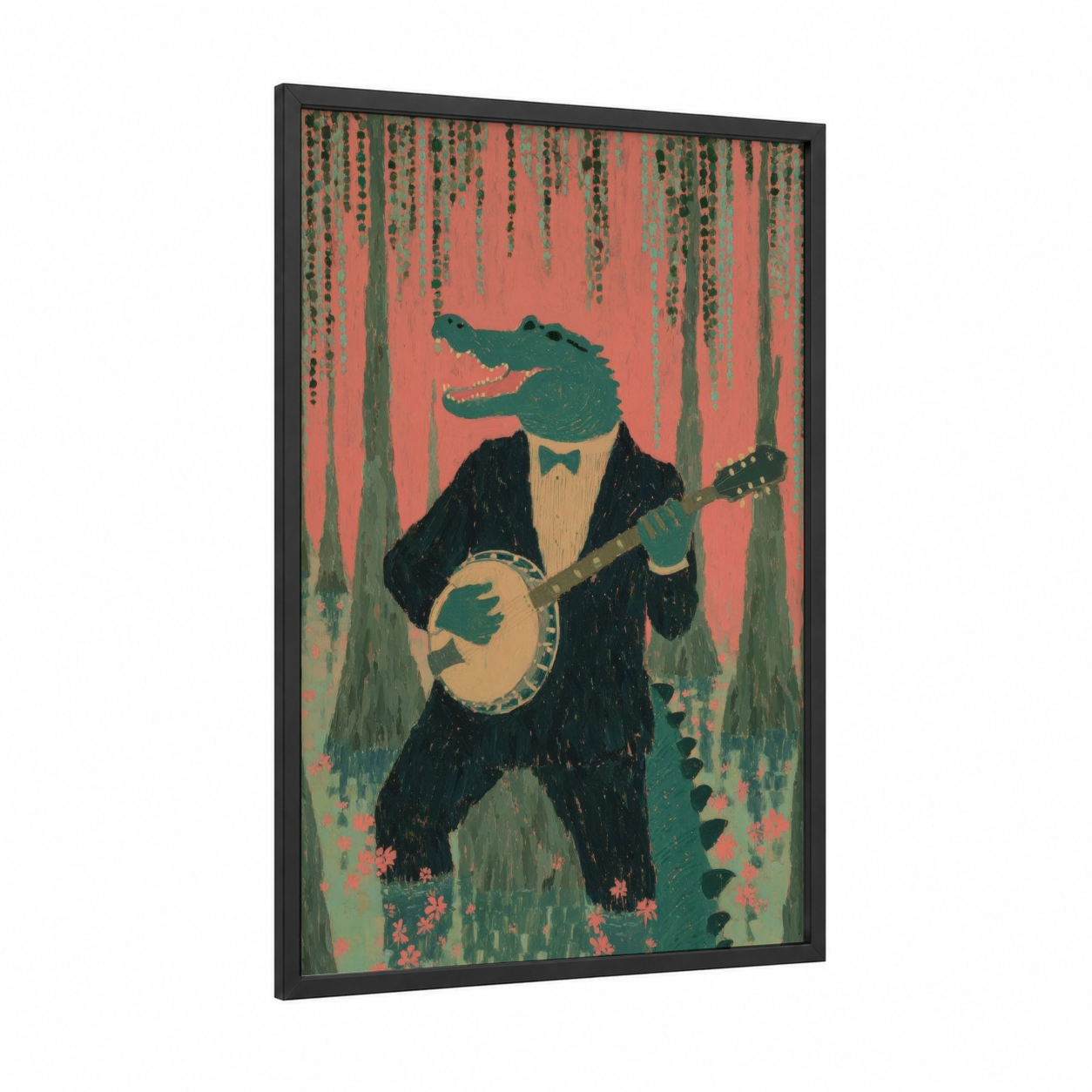 Alligator Musician framed mardi gras print — black wood frame — dark green palette