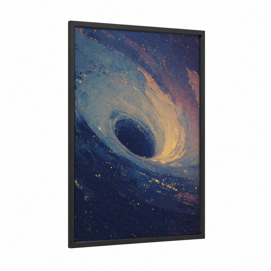 Cosmic Vortex framed galaxy print — black wood frame — dark blue and gold palette