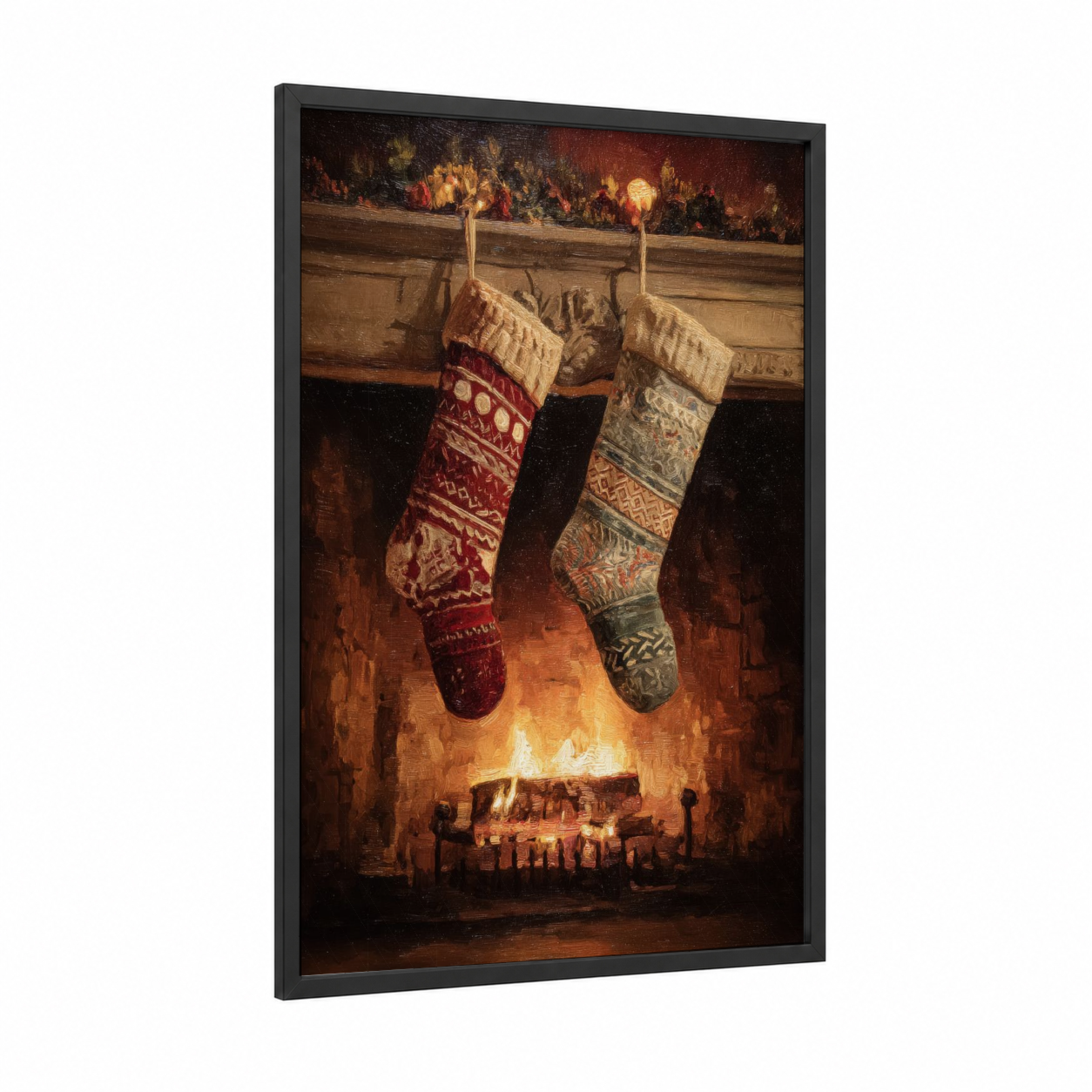 Fireside Christmas Stockings framed art print — black wood frame — russet and cream palette