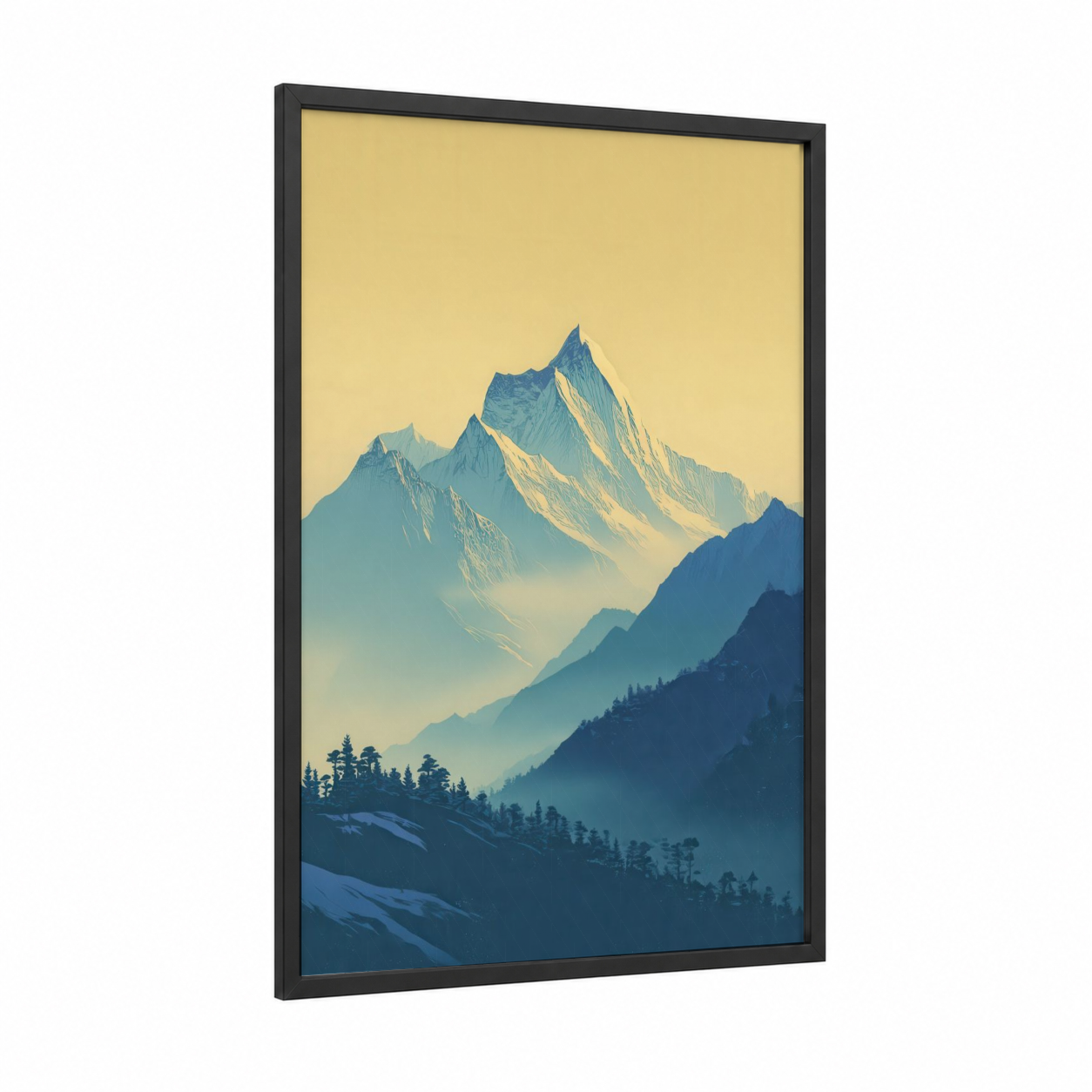 Golden Peak Himalayan framed mount everest print — black wood frame — gold and blue palette