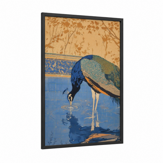 Reflective Peacock framed art print — black wood frame — blue and gold palette