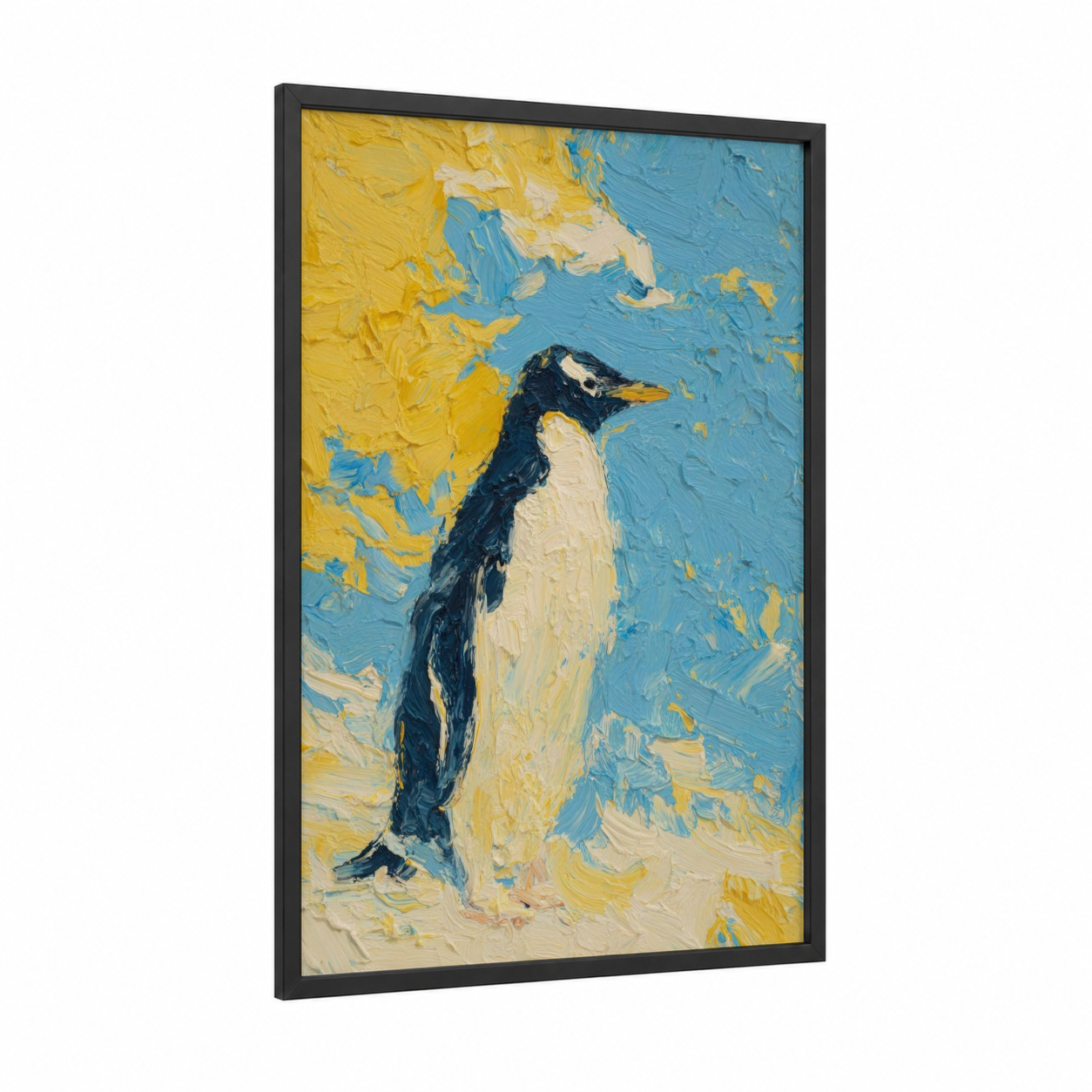 Coastal Penguin framed art print — black wood frame — blue and yellow gold palette