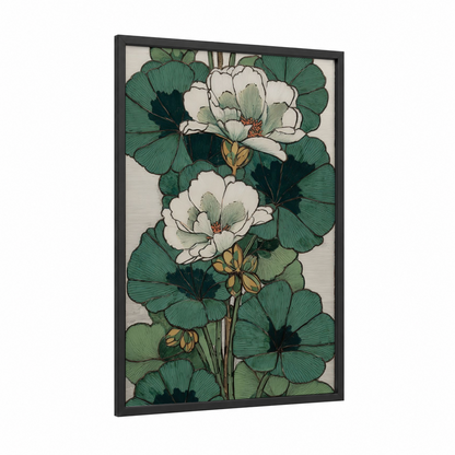 White Geranium Botanical framed art print — black wood frame — white and dark green palette