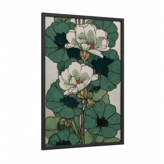White Geranium Botanical framed art print — black wood frame — white and dark green palette