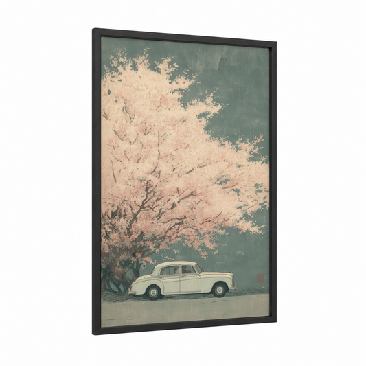 Vintage Cherry Blossom framed classic car print — black wood frame — cream and sage green palette