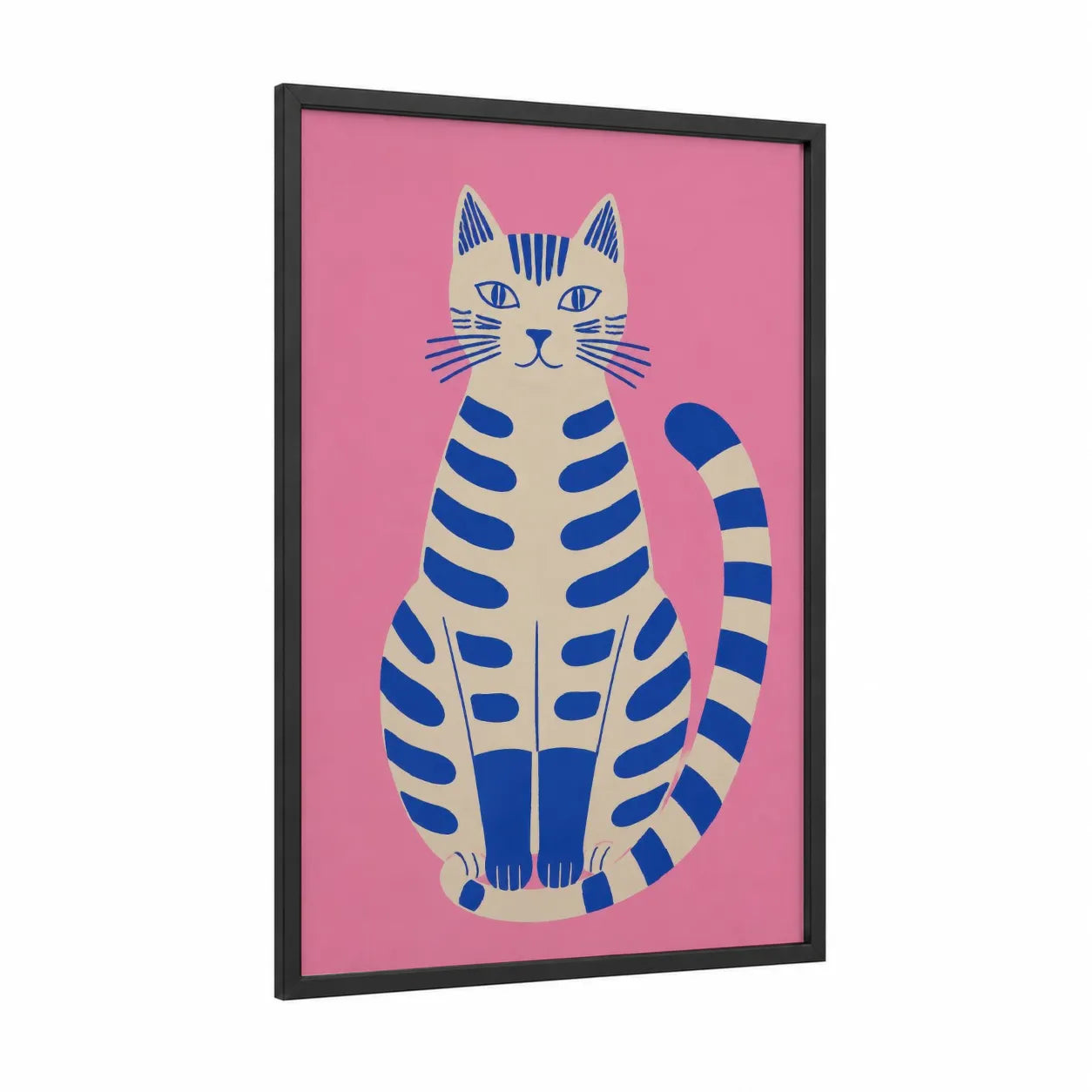 Blue Striped Cat on Pink Wall Art framed art print — black wood frame — pink and royal blue palette