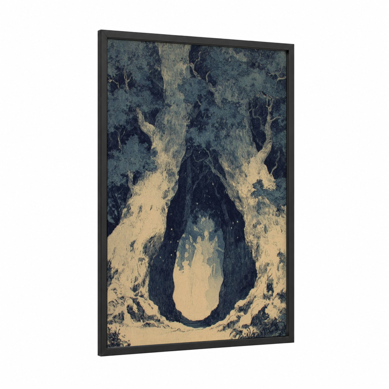 Snowy Mountain Gate framed art print — black wood frame — cream and blue and gray palette