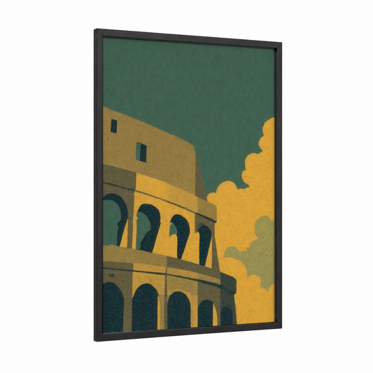 Golden Colosseum framed art print — black wood frame — gold and teal palette