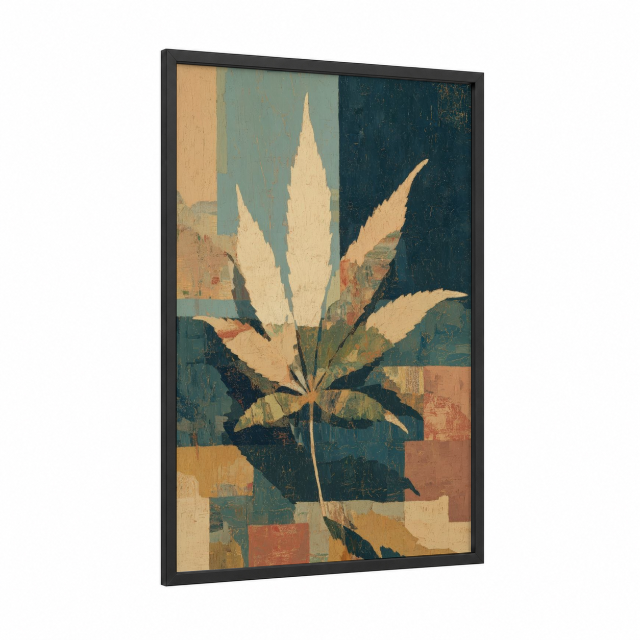 Retro Cannabis Leaf framed marijuana print — black wood frame — champagne gold and dark blue palette