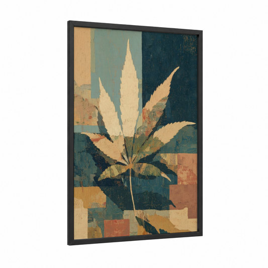 Retro Cannabis Leaf framed marijuana print — black wood frame — champagne gold and dark blue palette