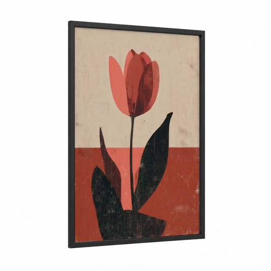 Crimson Tulip Minimalist framed art print — black wood frame — red and black palette