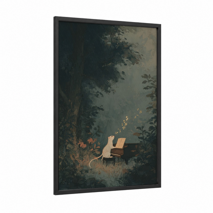 Musical Weasel framed art print — black wood frame — dove gray and gold palette