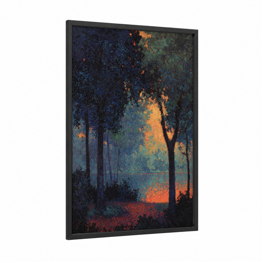 Twilight Fireflies framed art print — black wood frame — dark blue and gold palette
