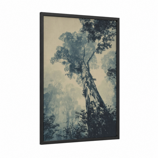 Misty Kauri Tree framed art print — black wood frame — blue and white and dove gray palette