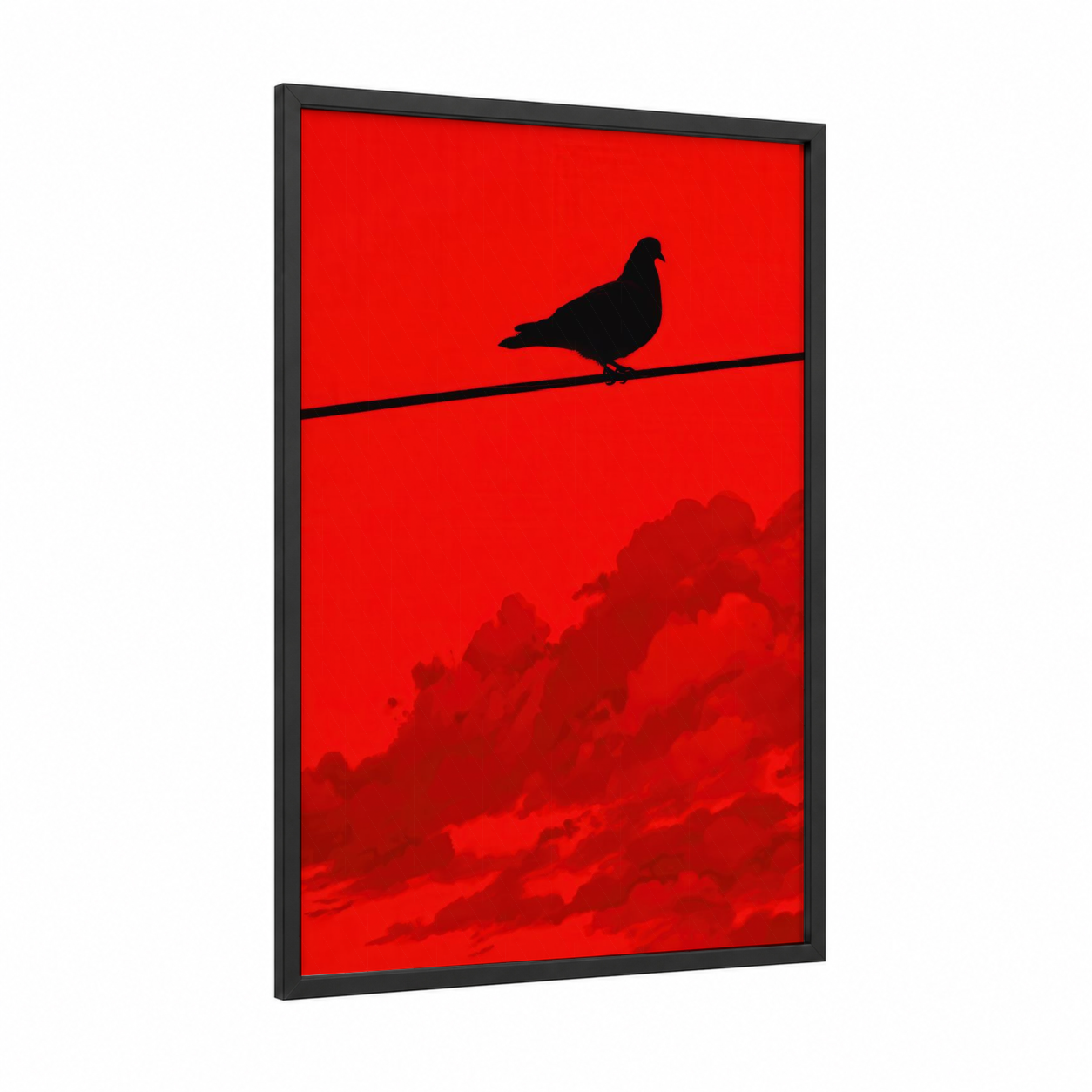 Crimson Pigeon framed art print — black wood frame — red and black palette