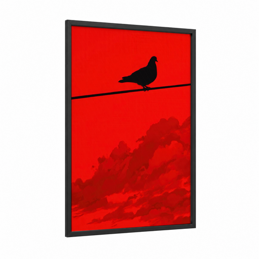 Crimson Pigeon framed art print — black wood frame — red and black palette