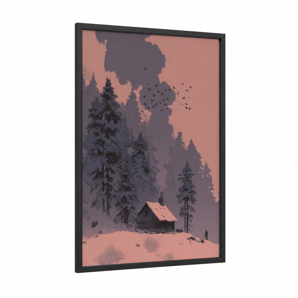 Snowy Hunting Lodge framed art print — black wood frame — peach and dove gray palette