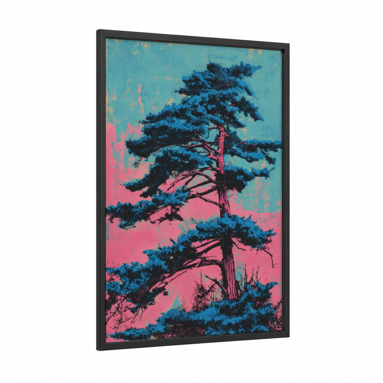 Neon Cedar framed cedar tree print — black wood frame — magenta and turquoise palette