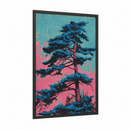 Neon Cedar framed cedar tree print — black wood frame — magenta and turquoise palette