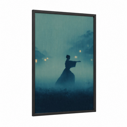Rainy Aikido framed art print — black wood frame — teal and dark blue palette