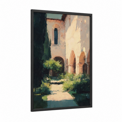 Sunlit Cathedral Courtyard framed art print — black wood frame — cream and sage green palette