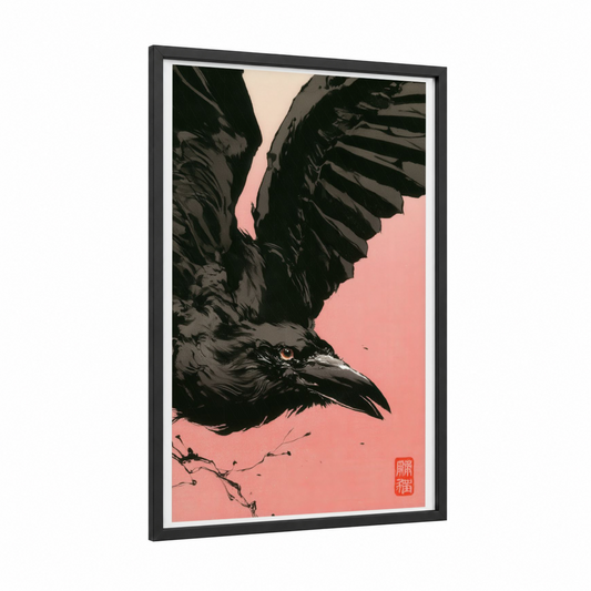 Crimson Raven framed crows and ravens print — black wood frame — black and salmon pink palette