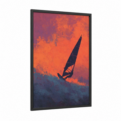 Sunset Windsurfing framed art print — black wood frame — orange and dark blue palette