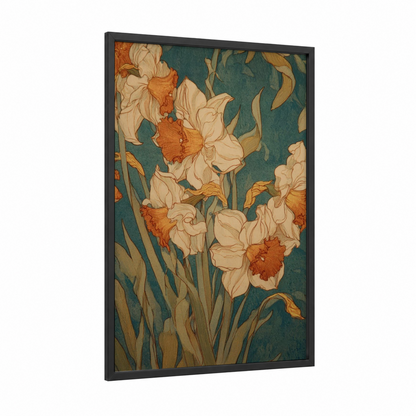Golden Daffodil Blooms framed daffodils print — black wood frame — teal and gold palette