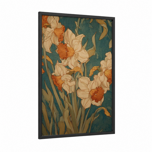 Golden Daffodil Blooms framed daffodils print — black wood frame — teal and gold palette