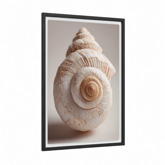 Spiral Seashell framed art print — black wood frame — cream and beige palette