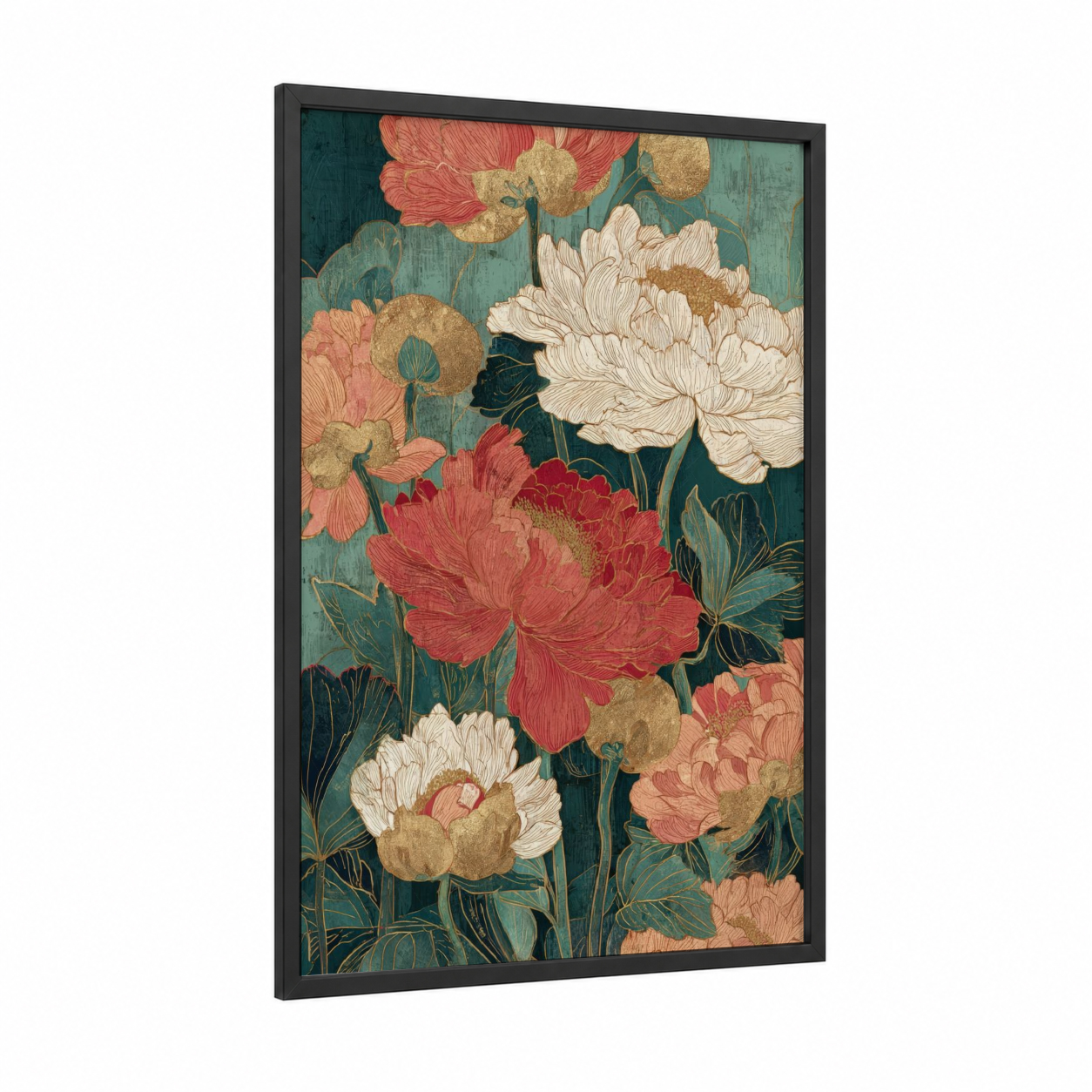 Golden Peony Garden framed art print — black wood frame — teal and gold palette