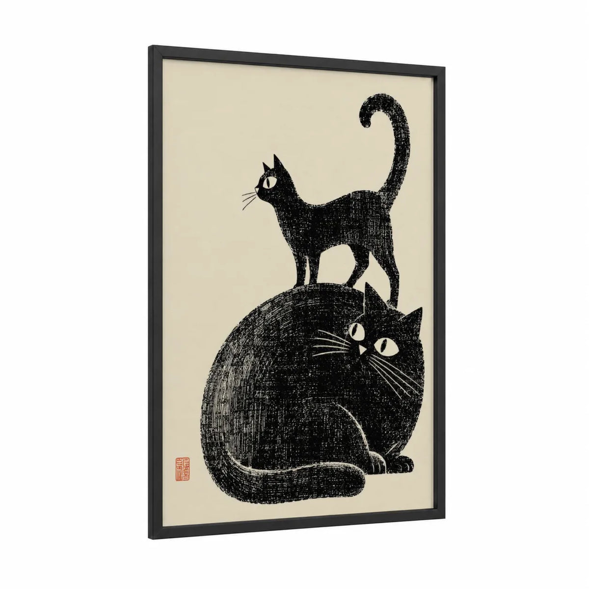 Black Cats Minimalist Wall Art framed art print — black wood frame — black and white and beige palette