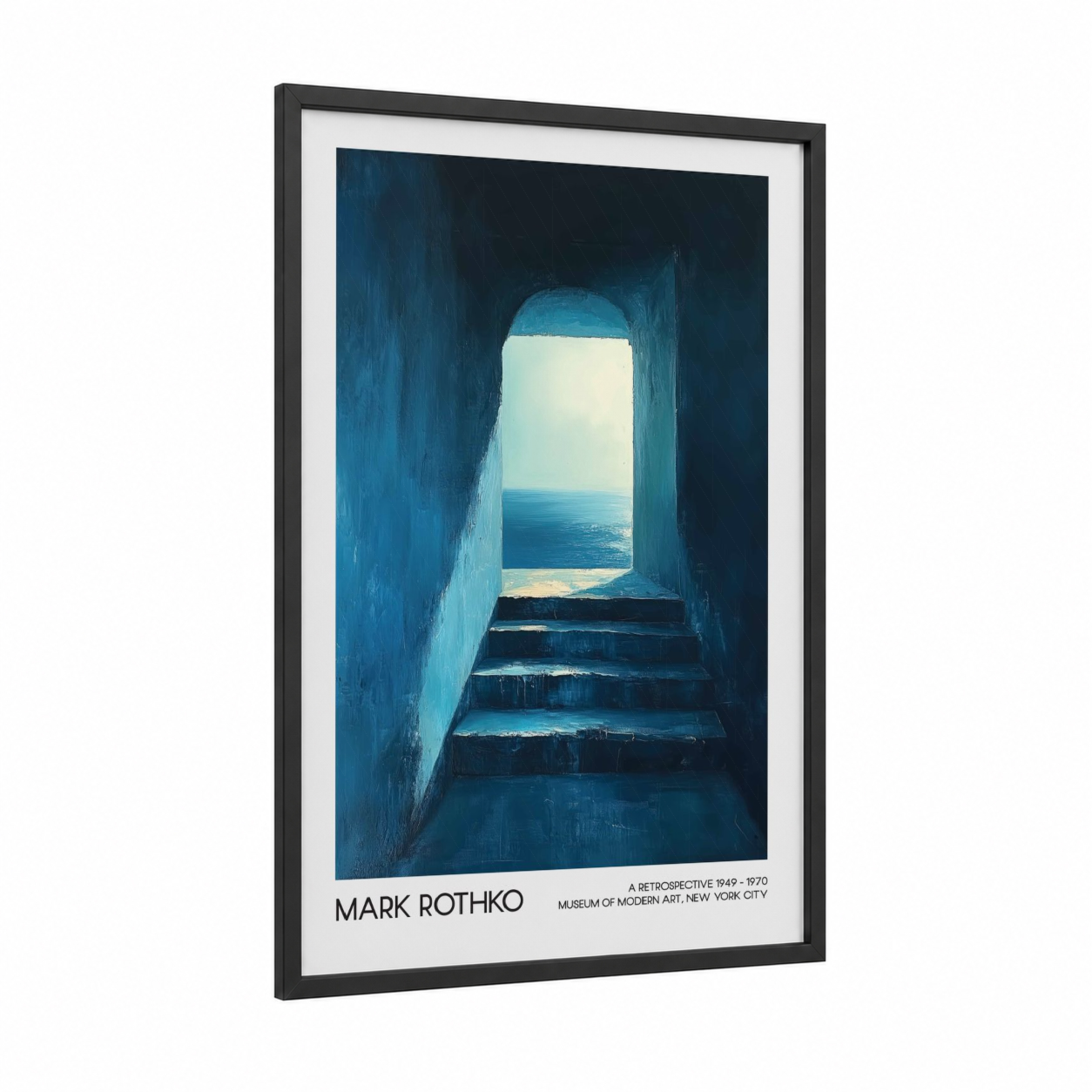 Coastal Gateway framed abstract classic print — black wood frame — teal and blue palette
