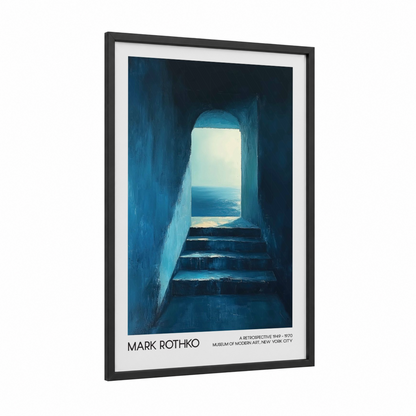 Coastal Gateway framed abstract classic print — black wood frame — teal and blue palette
