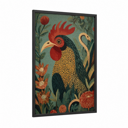 Crimson Chimera framed art print — black wood frame — teal and gold palette