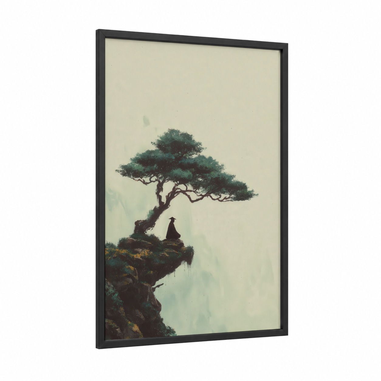 Contemplative Bonsai framed bonsai tree print — black wood frame — sage green and cream palette